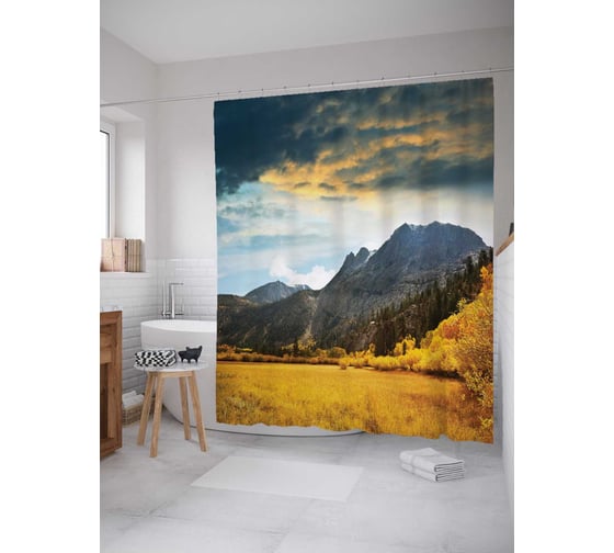 Штора (занавеска) для ванной JoyArty "Дорога под горой" из сатена, 180х200 см с крючками, sc_12601 1