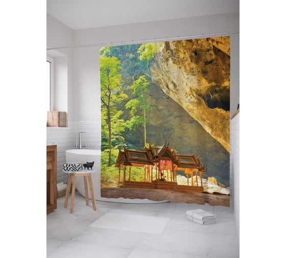 Штора (занавеска) для ванной JoyArty "Спрятанная постройка" из сатена, 180х200 см с крючками, sc_14727 1