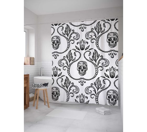 Штора (занавеска) для ванной JoyArty "Орнамент смерти" из сатена, 180х200 см с крючками, sc_10488 1