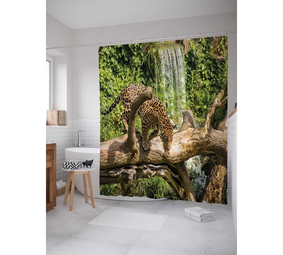 Штора (занавеска) для ванной JoyArty "Затаившийся леопард" из сатена, 180х200 см с крючками, sc_12712 1