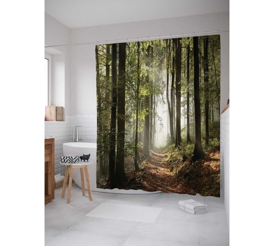 Штора (занавеска) для ванной JoyArty "Лесная тропинка" из сатена, 180х200 см с крючками, sc_14617 1
