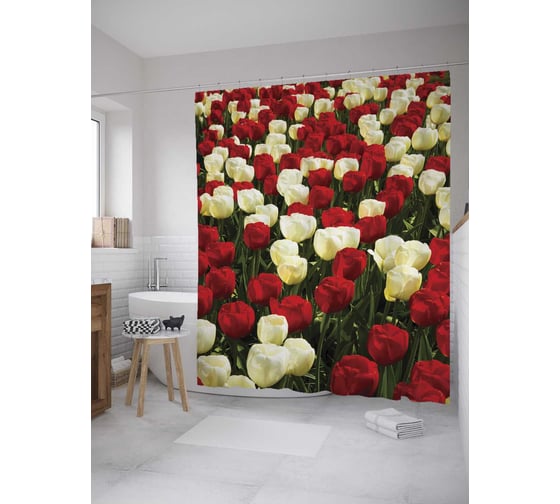 Штора (занавеска) для ванной JoyArty "Красочные тюльпаны" из сатена, 180х200 см с крючками, sc_10332 1