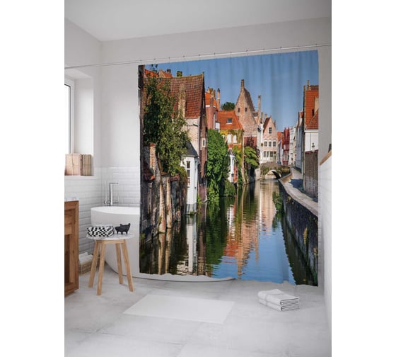 Штора (занавеска) для ванной JoyArty "Речная улица" из сатена, 180х200 см с крючками, sc_14417 1
