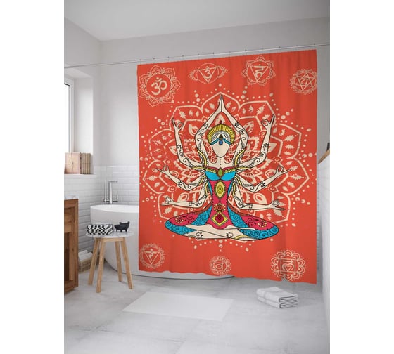 Штора (занавеска) для ванной JoyArty "Красочная йога" из сатена, 180х200 см с крючками, sc_14804 1