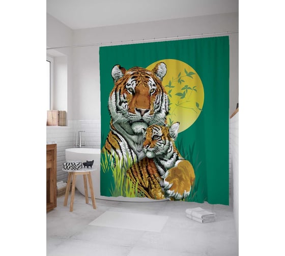 Штора (занавеска) для ванной JoyArty "Мокрые тигры" из сатена, 180х200 см с крючками, sc_12736 1