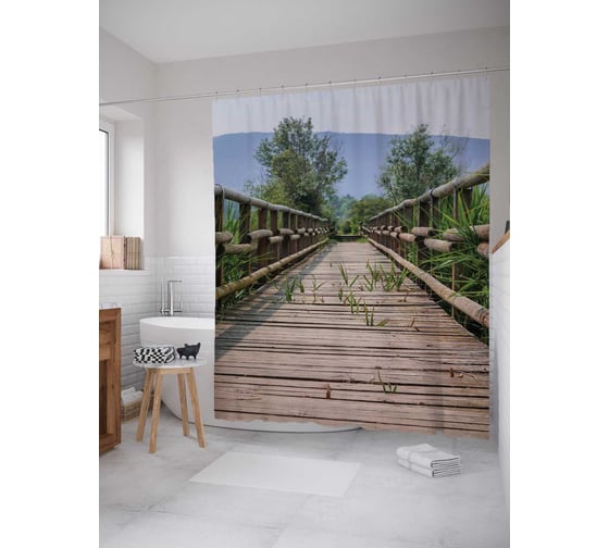 Штора (занавеска) для ванной JoyArty "Деревянный мостик через болото" из сатена, 180х200 см с крючками, sc_10401 1