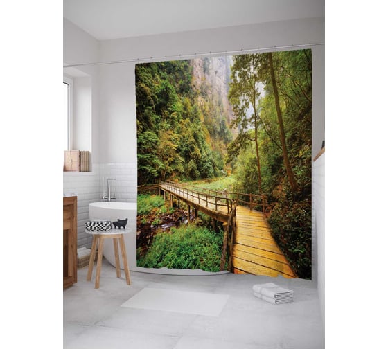 Штора (занавеска) для ванной JoyArty "Лесной маршрут" из сатена, 180х200 см с крючками, sc_10402 1