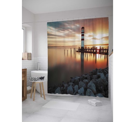 Штора (занавеска) для ванной JoyArty "Спокойный берег и маяк" из сатена, 180х200 см с крючками, sc_12371 1