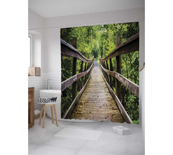 Штора (занавеска) для ванной JoyArty "Лесной мост" из сатена, 180х200 см с крючками, sc_10398 1