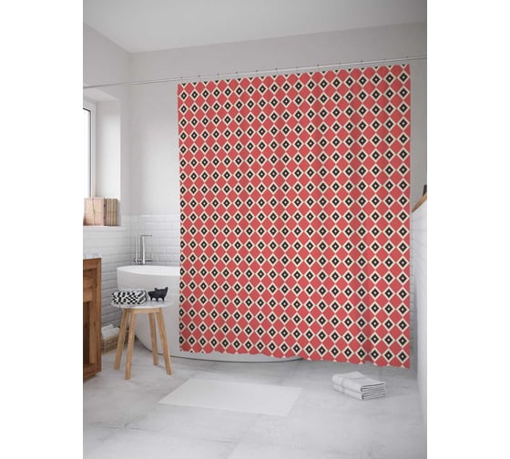 Штора (занавеска) для ванной JoyArty "Красные ромбы" из сатена, 180х200 см с крючками, sc_29592 1