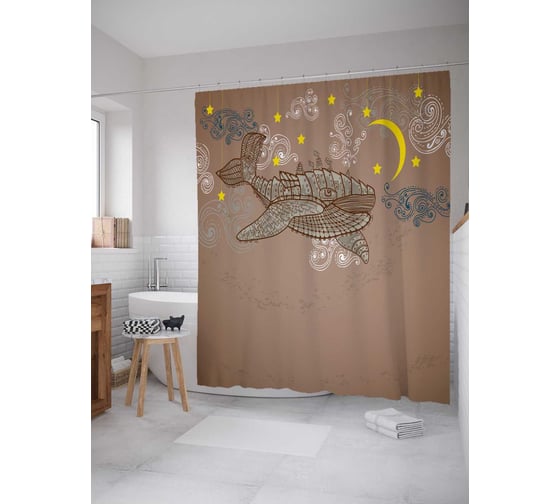Штора (занавеска) для ванной JoyArty "Звездный кит" из сатена, 180х200 см с крючками, sc_23176