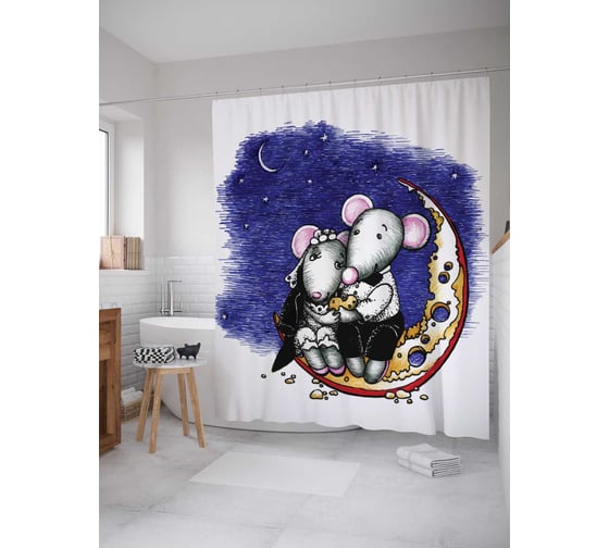 Штора (занавеска) для ванной JoyArty "Мышки на сыре" из сатена, 180х200 см с крючками, sc_14821 1