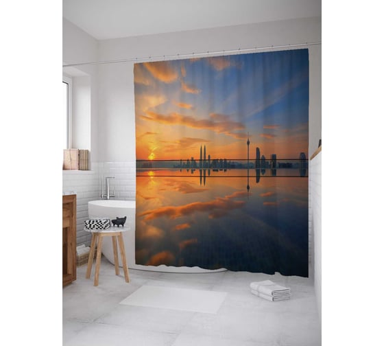 Штора (занавеска) для ванной JoyArty "Город на горизонте" из сатена, 180х200 см с крючками, sc_16513 1