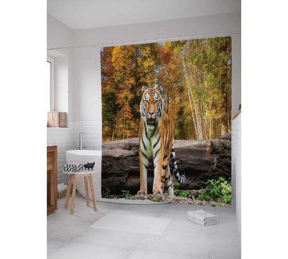 Штора (занавеска) для ванной JoyArty "Грациозный тигр" из сатена, 180х200 см с крючками, sc_16491 1
