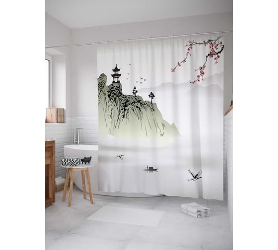 Штора (занавеска) для ванной JoyArty "Японская культура в горах" из сатена, 180х200 см с крючками, sc_14930 1