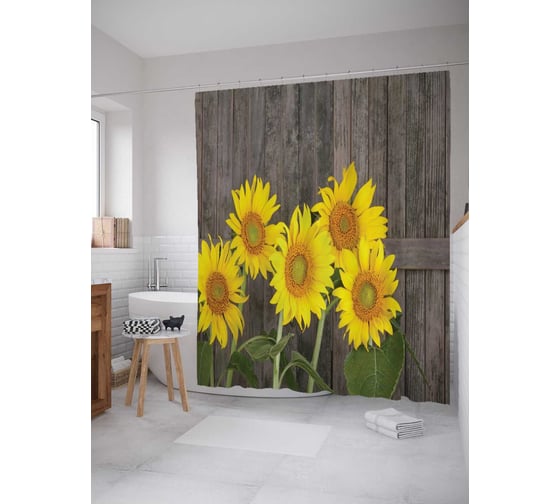 Штора (занавеска) для ванной JoyArty "Милые подсолнухи" из сатена, 180х200 см с крючками, sc_14827 1