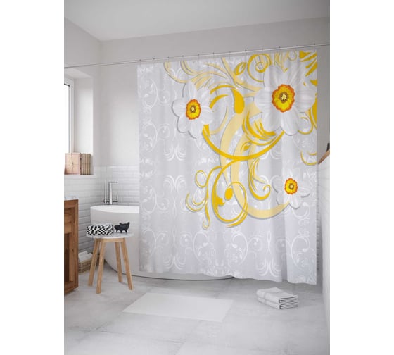 Штора (занавеска) для ванной JoyArty "Поднебесные цветы" из сатена, 180х200 см с крючками, sc_16649 1