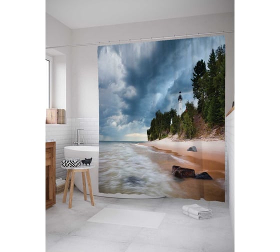 Штора (занавеска) для ванной JoyArty "Лесной маяк" из сатена, 180х200 см с крючками, sc_12354 1