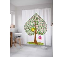 Штора (занавеска) для ванной JoyArty "Птицы на цветочном дереве" из сатена, 180х200 см с крючками, sc_14810