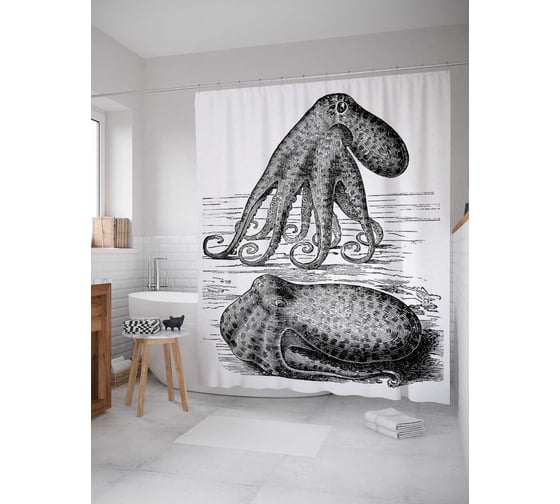 Штора (занавеска) для ванной JoyArty "Пара осьминогов" из сатена, 180х200 см с крючками, sc_15068 1