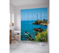 Штора (занавеска) для ванной JoyArty "Деревня у маяка" из сатена, 180х200 см с крючками, sc_12365