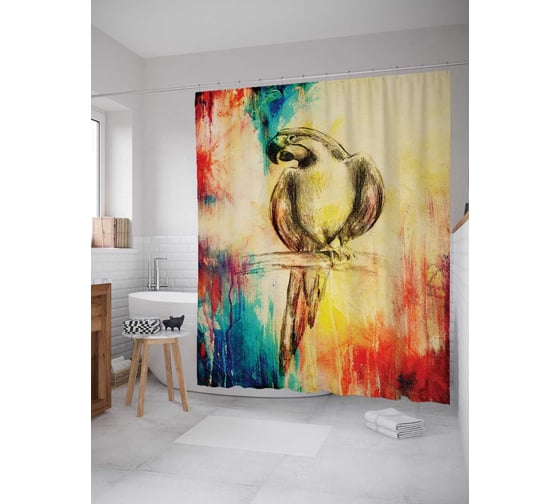 Штора (занавеска) для ванной JoyArty "Задумчивый попугай" из сатена, 180х200 см с крючками, sc_14975 1