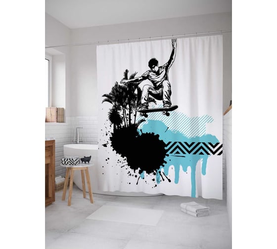 Штора (занавеска) для ванной JoyArty "Взрывной трюк" из сатена, 180х200 см с крючками, sc_29325 1