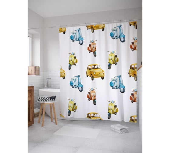 Штора (занавеска) для ванной JoyArty "Авто и мото" из сатена, 180х200 см с крючками, sc_29425