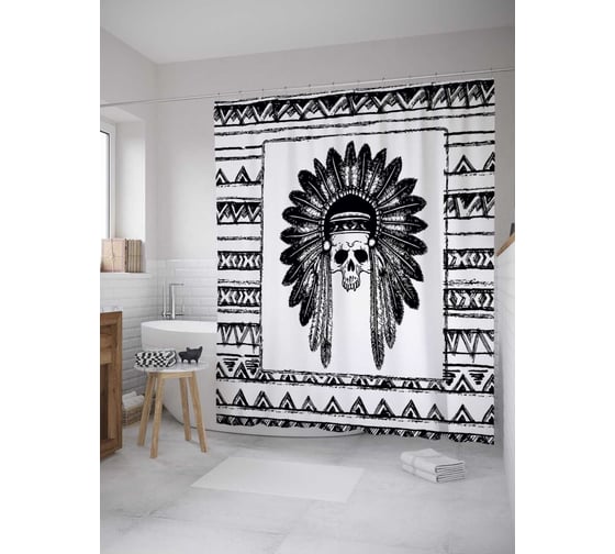 Штора (занавеска) для ванной JoyArty "Череп индейца" из сатена, 180х200 см с крючками, sc_28875