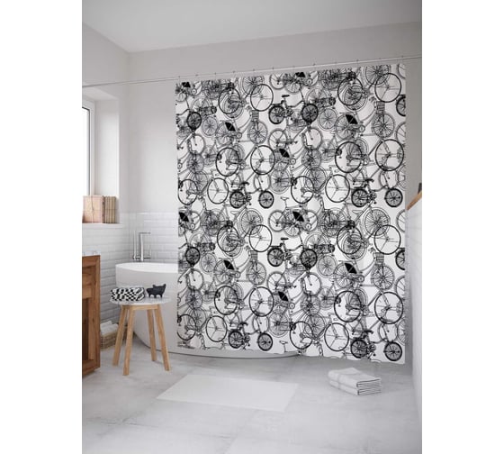 Штора (занавеска) для ванной JoyArty "Черные завитки" из сатена, 180х200 см с крючками, sc_29381 1