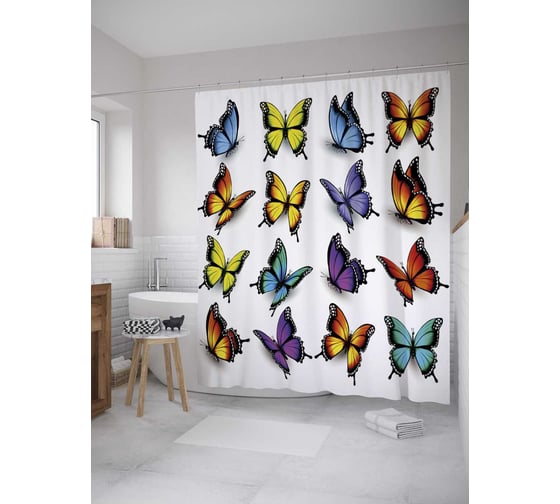 Штора (занавеска) для ванной JoyArty "Красочные бабочки" из сатена, 180х200 см с крючками, sc_28162 1
