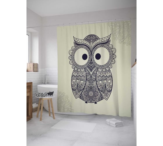 Штора (занавеска) для ванной JoyArty "Пучеглазая сова" из сатена, 180х200 см с крючками, sc_27775 1