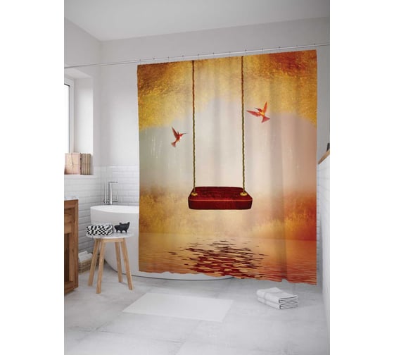 Штора (занавеска) для ванной JoyArty "Колибри у качели" из сатена, 180х200 см с крючками, sc_12396 1