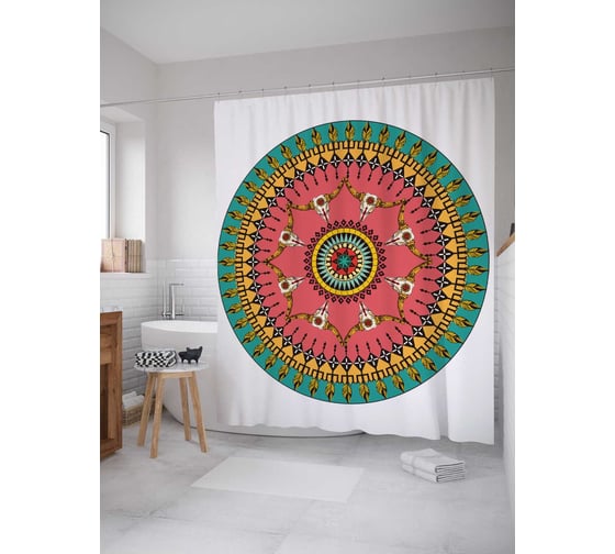 Штора (занавеска) для ванной JoyArty "Этнический узор с черепами" из сатена, 180х200 см с крючками, sc_15271 1