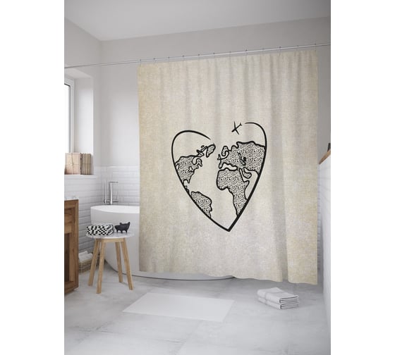 Штора (занавеска) для ванной JoyArty "Любовь к путешествию" из сатена, 180х200 см sc_385281 1