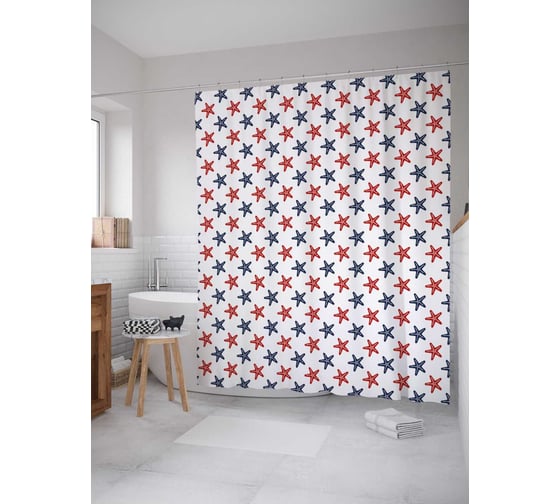 Штора (занавеска) для ванной JoyArty "Двухцветные звезды" из сатена, 180х200 см с крючками, sc_28744 1