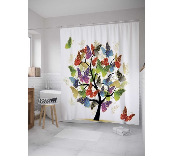 Штора (занавеска) для ванной JoyArty "Бабочкино дерево" из сатена, 180х200 см с крючками, sc_28535 1