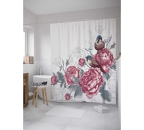 Штора (занавеска) для ванной JoyArty "Птичка на розах" из сатена, 180х200 см с крючками, sc_27897