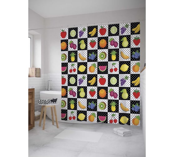Штора (занавеска) для ванной JoyArty "Фрукты и ягоды" из сатена, 180х200 см с крючками, sc_27937 1