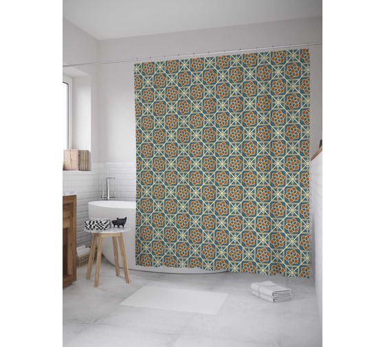 Штора (занавеска) для ванной JoyArty "Восточные фигуры" из сатена, 180х200 см с крючками, sc_28788 1