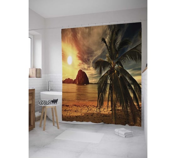 Штора (занавеска) для ванной JoyArty "Пляж при закате" из сатена, 180х200 см с крючками, sc_10056 1