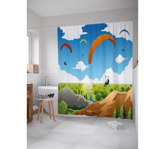 Штора (занавеска) для ванной JoyArty "Путешествие по небу" из сатена, 180х200 см с крючками, sc_29451 1