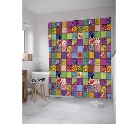 Штора (занавеска) для ванной JoyArty "Лоскутное одеяло" из сатена, 180х200 см с крючками, sc_27900 1