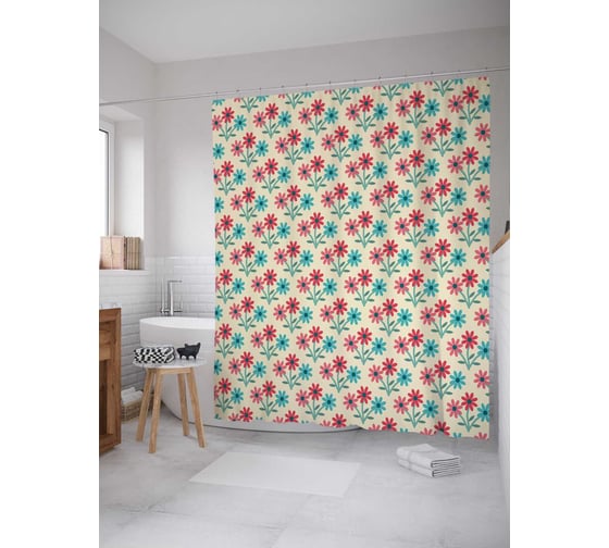 Штора (занавеска) для ванной JoyArty "Трехцветный букет" из сатена, 180х200 см с крючками, sc_28937