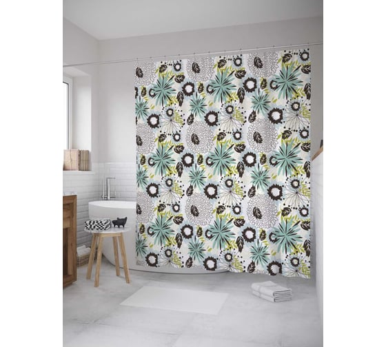 Штора (занавеска) для ванной JoyArty "Пушистые цветы" из сатена, 180х200 см с крючками, sc_28066 1