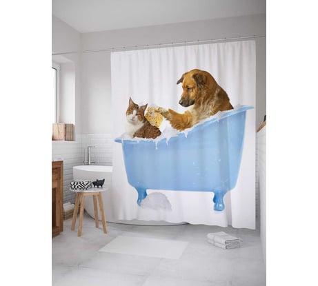 Штора (занавеска) для ванной JoyArty "Кот и пес в ванной" из сатена, 180х200 см с крючками, sc_15568