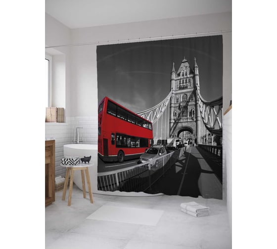 Штора (занавеска) для ванной JoyArty "Автобусы Лондона" из сатена, 180х200 см с крючками, sc_27936 1