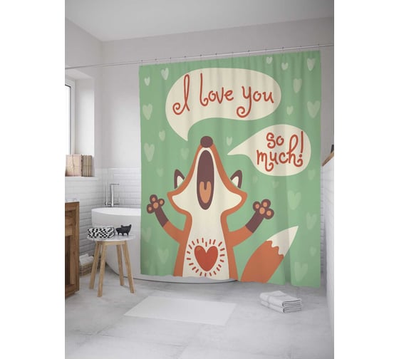 Штора (занавеска) для ванной JoyArty "Влюбленная лиса" из сатена, 180х200 см с крючками, sc_28046 1