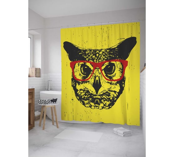 Штора (занавеска) для ванной JoyArty "Голова совы в очках" из сатена, 180х200 см с крючками, sc_28861 1