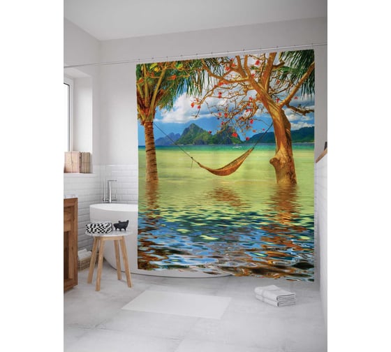 Штора (занавеска) для ванной JoyArty "Затопленный пляж" из сатена, 180х200 см с крючками, sc_13909